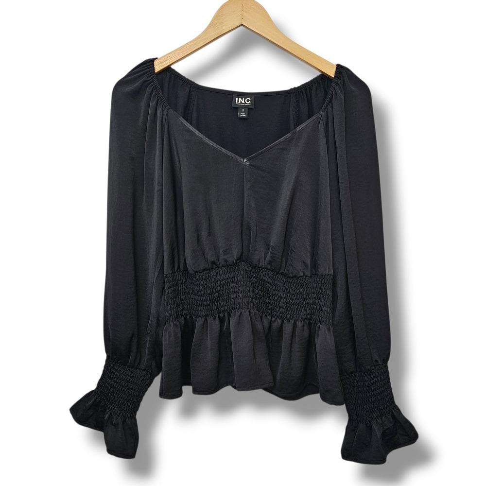INC Satin Top Womens S Black Smocked Peplum Renaissance Whimsigoth Dark Fairy